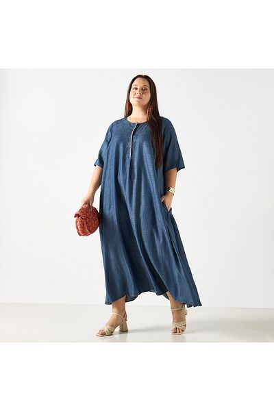 Ulla Popken Plus Size Maxi Dress With 3/4 Sleeves And Round Neck
