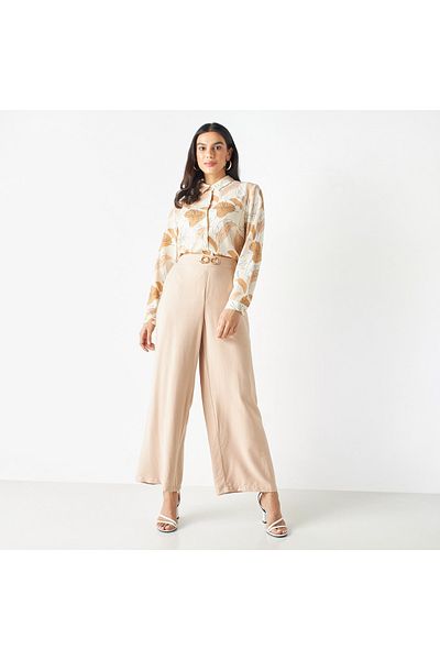Iconic Buckle Detail Wide Leg Pants With Zip Closure And Pockets
