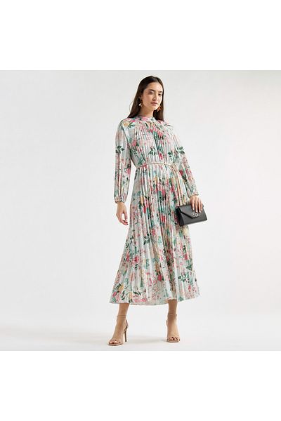 FAV Floral Print Pleated A-line Dress With High Neck And Long Sleeves