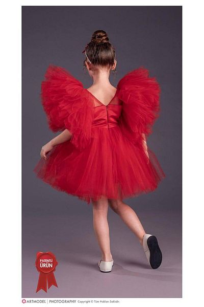 RAPAPA Girl's Tutu Skirt, Puffy Sleeves, Komotini Crown Evening Dress Red 1662