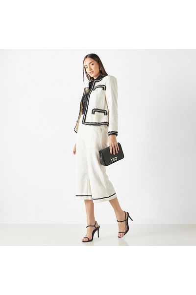 Iconic Textured Tweed Flared Pants With Tape Detail And Elasticised Waistband
