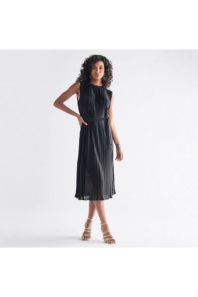 FAV Pleated Sleeveless Dress With Tie-up Belt And Slit Detail
