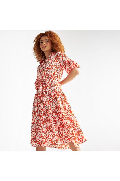 FAV All-over Print Shirt Dress With Tie-up Belt And Balloon Sleeves