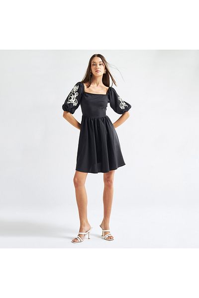 FAV Embroidered Mini A-line Dress With Square Neck And Balloon Sleeves