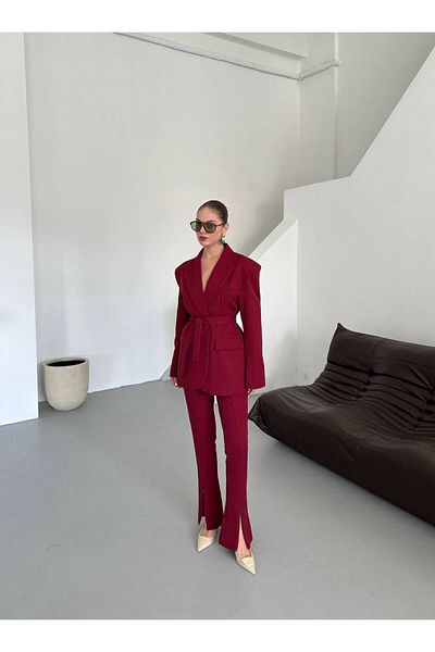 Moda İkra Women's Belted Blazer Jacket Split Pants Suit