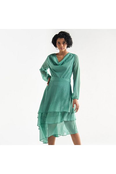 FAV Textured Layered Dress With Cowl Neck And Long Sleeves