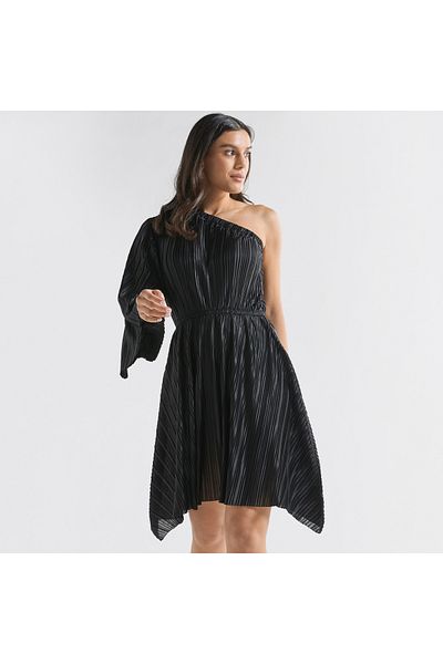FAV Pleated One Shoulder Knee Dress With Flared Sleeve