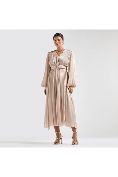FAV Textured Belted Midi Dress With V-neck And Long Puff Sleeves