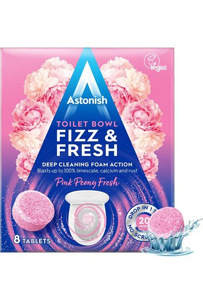 Astonish أقراص رغوة تنظيف المرحاض، برائحة الفاوانيا الوردية، 8 أقراص