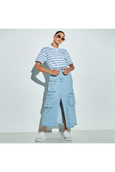 Lee Cooper Solid Utility Denim Skirt With Slit