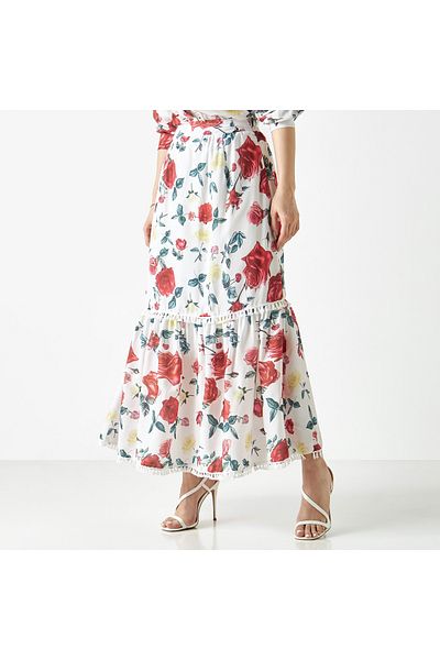 2Xtremz Floral Print Maxi A-line Skirt With Lace Detail