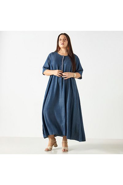 Ulla Popken Plus Size Maxi Dress With 3/4 Sleeves And Round Neck