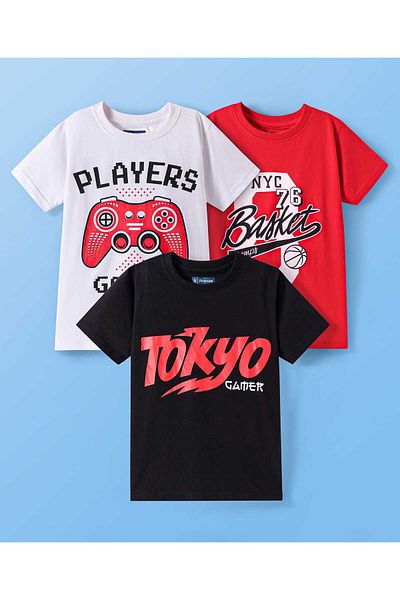 Pine kids Pine Kids Cotton Knit Half Sleeves T-Shirt with Text Print, pack of 3 - White & Black & Red
