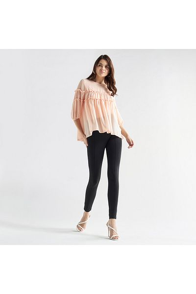FAV Ruffled Chiffon Top With Crew Neck And Three-quarter Sleeves