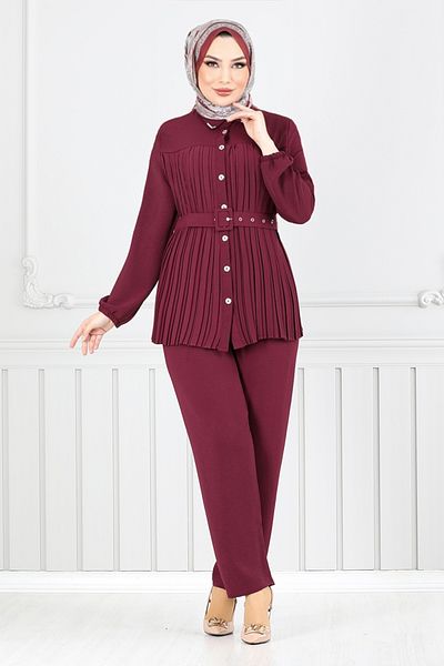 ModaMerve Costum Aerobin plisat 237ASN936-M cu model Roșu Claret
