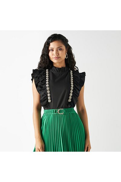 2Xtremz Embellished Sleeveless Top With Piecrust Collar And Ruffles