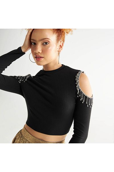 FAV Embellished Crop T-shirt With Cold Shoulder Detail