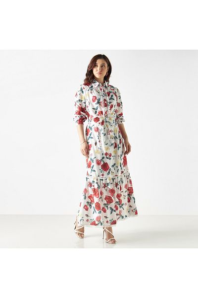2Xtremz Floral Print Maxi A-line Skirt With Lace Detail