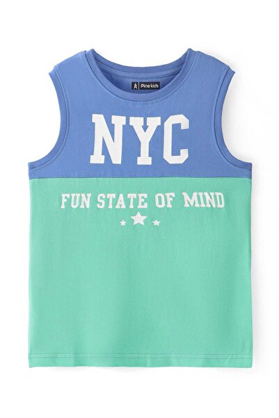 Pine kids تي شيرت Pine Kids بدون أكمام من القطن المحبوك مع طباعة نصية - أزرق ...