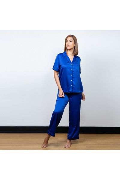 Aadaraya Solid Satin Short Sleeve Shirt And Elasticated Pyjama Set