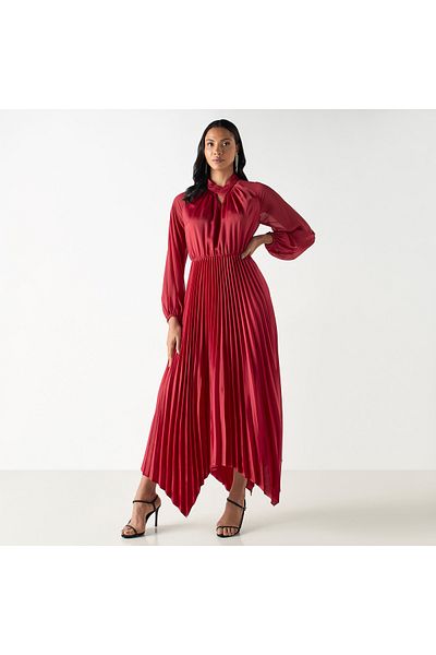 Iconic Pleated Maxi Asymmetric Dress With Long Sleeves