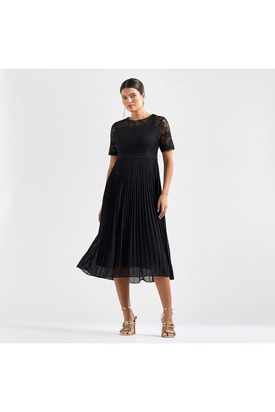 FAV Pleated A-line Midi Dress With Round Neck And Lace Detail