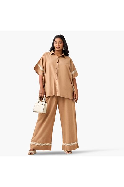 Ulla Popken Plus Size Lace Detail Wide Leg Pants With Pockets
