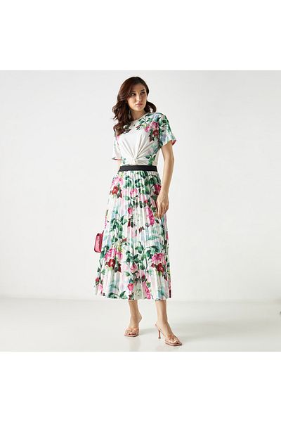 2Xtremz Floral Print Pleated Midi A-line Skirt With Elasticated Waistband
