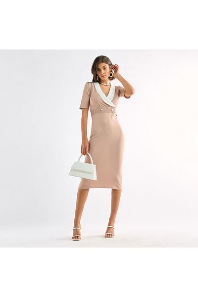 FAV Shawl Neck Dress With Short Sleeves And Button Accent