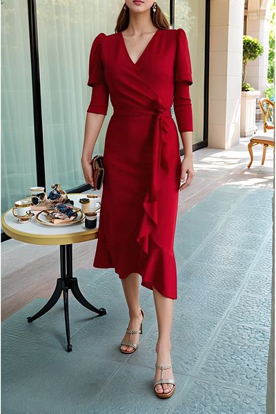 Trendusfashion New Season Crepe Fabric Double Breasted Neckline Midi Dress