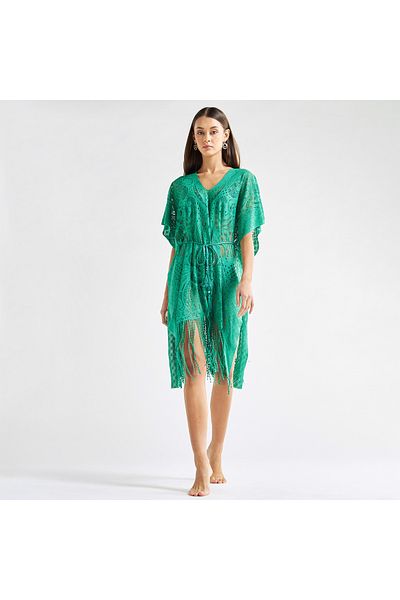 FAV Textured Kaftan Cover Up With V-neck And Tie-up Belt