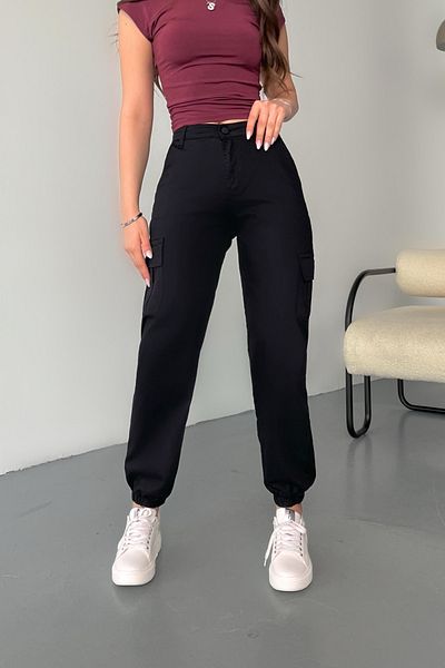 BİKELİFE Schwarze Hose aus Gabardine-Stoff mit Cargotaschen