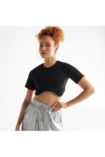 FAV Ribbed Crop Top With Embellished Detail And Short Sleeves