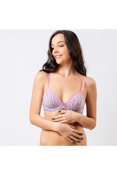Aadaraya Animal Print Plunge Bra With Lace Trim And Hook And Eye Closure
