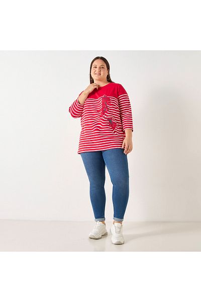 Ulla Popken Plus Size Striped T-shirt With 3/4 Sleeves