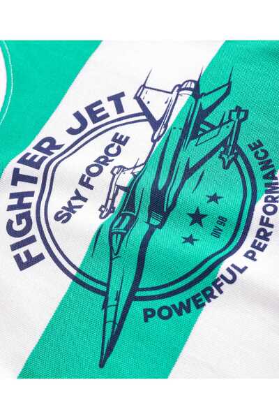 Pine kids Pine Kids Cotton Striped T-Shirt with Airplane Print - White & Green