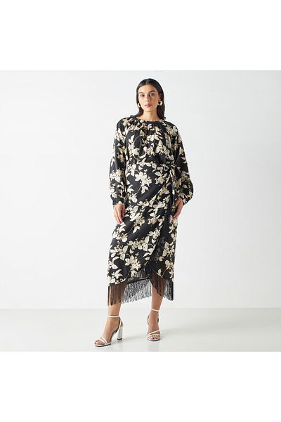 Iconic All-over Floral Print Wrap Skirt With Tie-ups And Fringes
