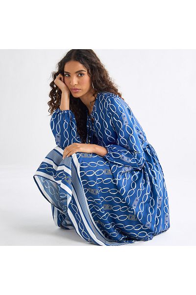 FAV Printed Midi Dress With Tie-up Neck And Long Sleeves
