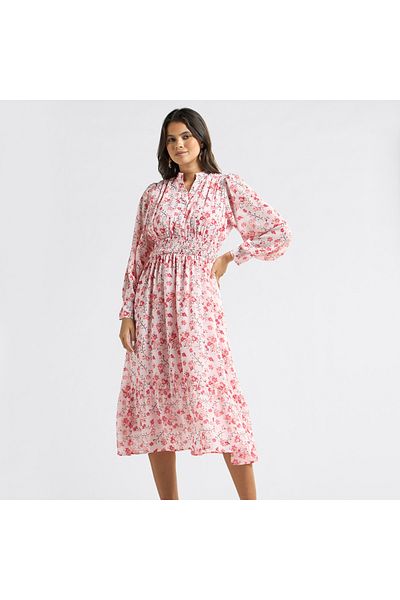 FAV All-over Floral Print A-line Dress With Seersucker Detail And Mandarin Collar