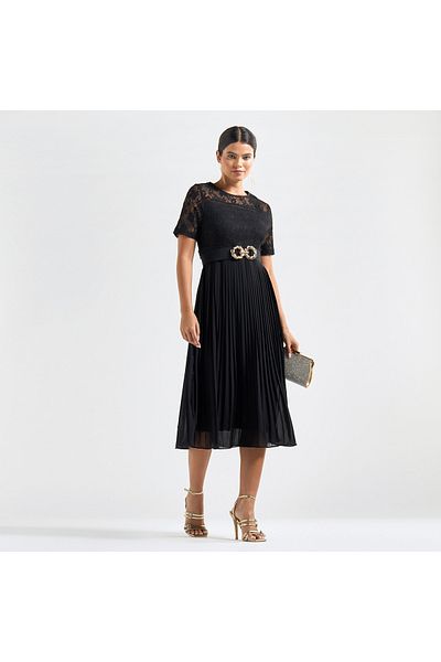 FAV Pleated A-line Midi Dress With Round Neck And Lace Detail