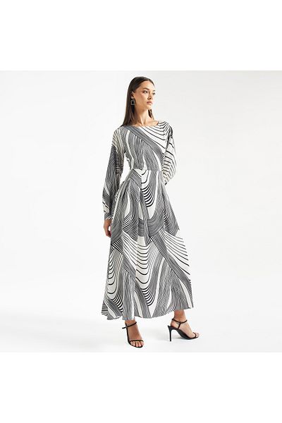 FAV Geometric Print Maxi A-line Dress With Long Sleeves