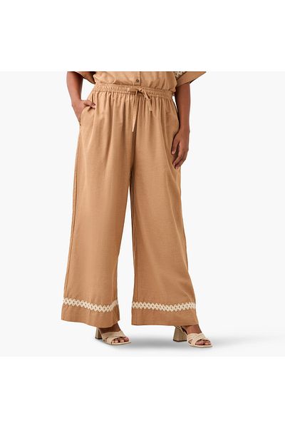 Ulla Popken Plus Size Lace Detail Wide Leg Pants With Pockets