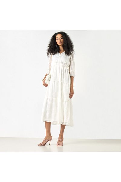 2Xtremz Embroidered V-neck A-line Midi Dress With Puff Sleeves