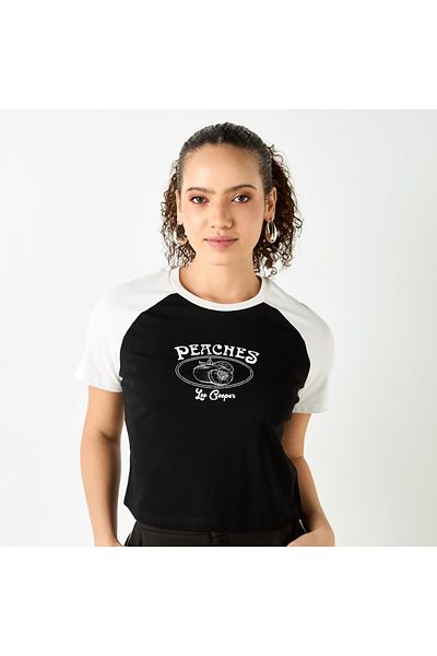 Lee Cooper Graphic Print Crop T-shirt With Raglan Sleeves