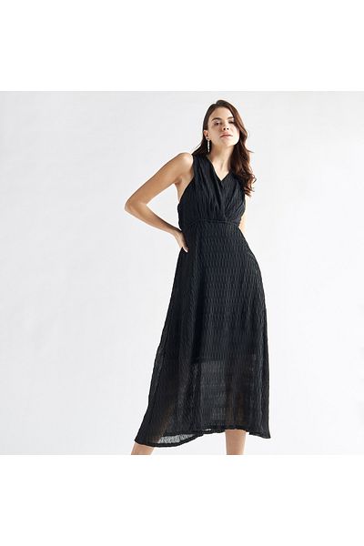 FAV Textured Sleeveless Dress With V-neck And Tie-ups