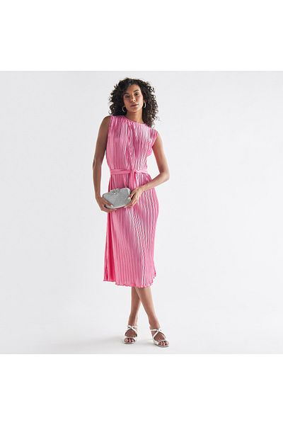 FAV Pleated Sleeveless Dress With Tie-up Belt And Slit Detail