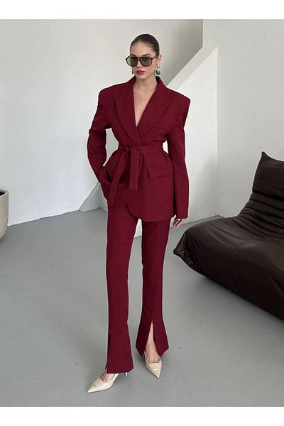 Moda İkra Women's Belted Blazer Jacket Split Pants Suit