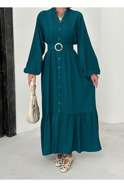 BEJNA Petrolgrünes, gewebtes Maxikleid für Damen mit Gürtel