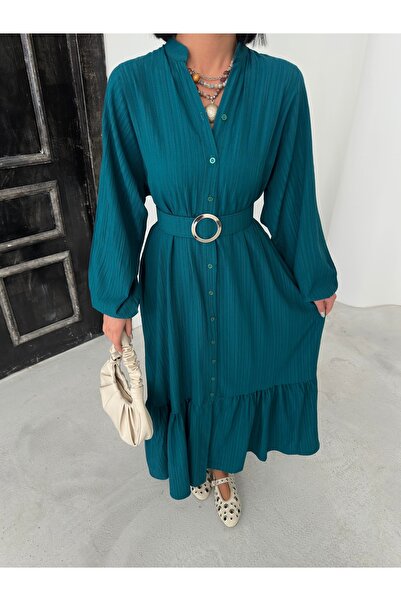 BEJNA Γυναικείο φόρεμα με μάξι υφαντό πουκάμισο με πράσινη ζώνη