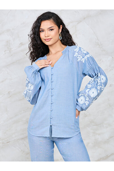 Styli Floral Embroidered Sleeve Button Front Shirt & Pants Co-Ord